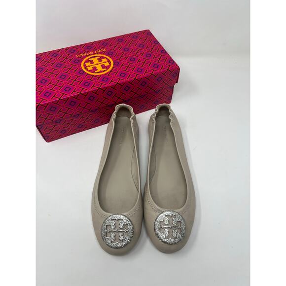 Tory Burch NIB Travel Minnie Flats with Pave Logo Sz 8 Stone - Picture 2 of 7